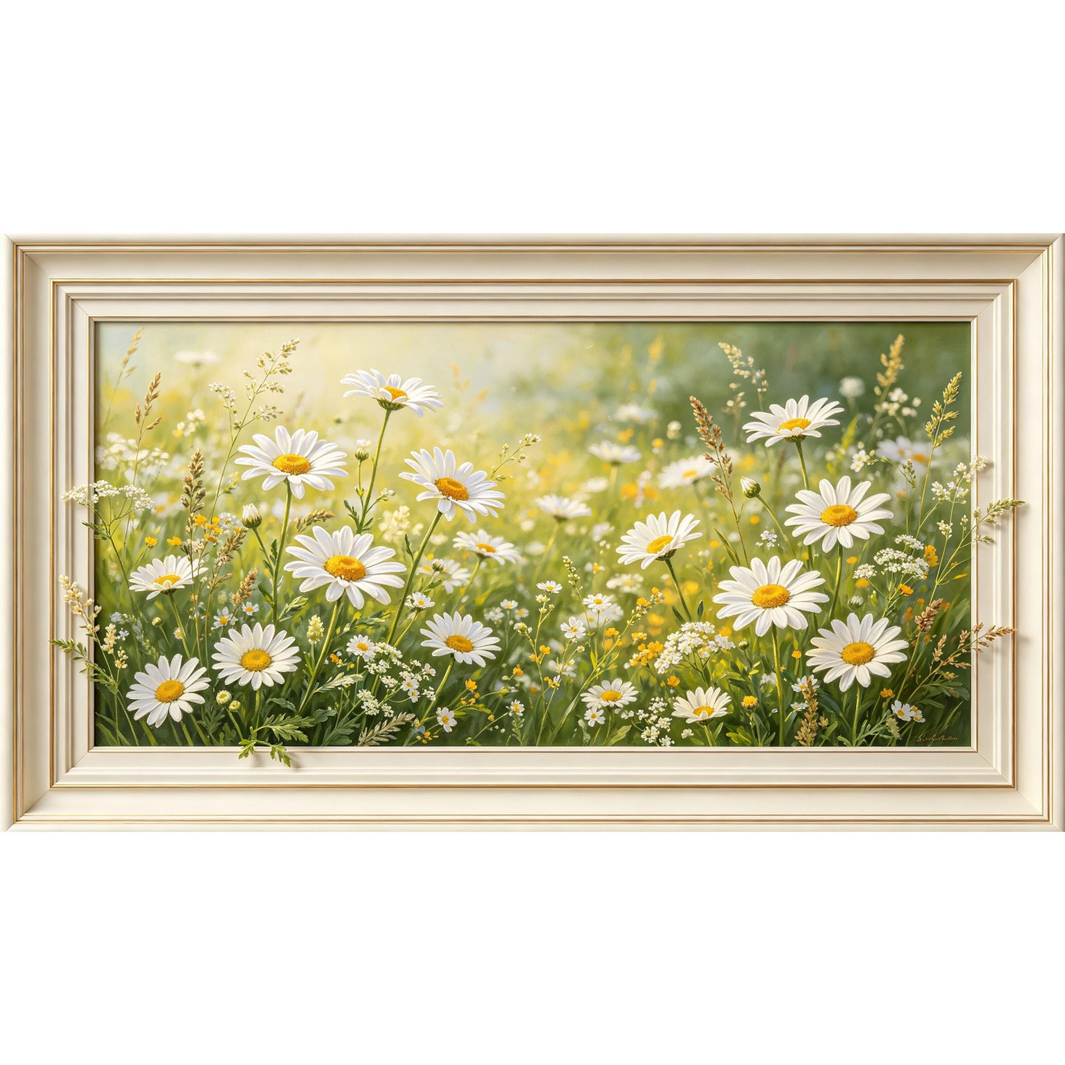 QZLITHOTIC 50x90cm3D Framed Wall Art， Botanical Daisy Field Bloom Self‑Adhesive Mural， Water‑Activated Peel & Stick Fabric Decor Wall Decal for Bedroom Living Room
