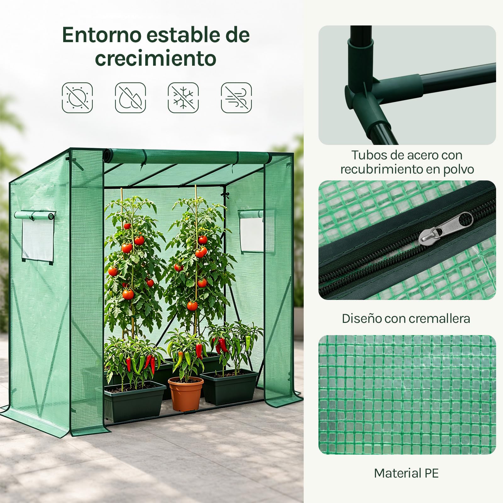WOLTU Invernadero de Jardín, Invernadero para Cultivo Plantas Semilla, 200x77x146/169 cm, Estructura Metal, PE de 130g/m2, Impermeable, Rresistente al Viento y Rayos UV, Verde