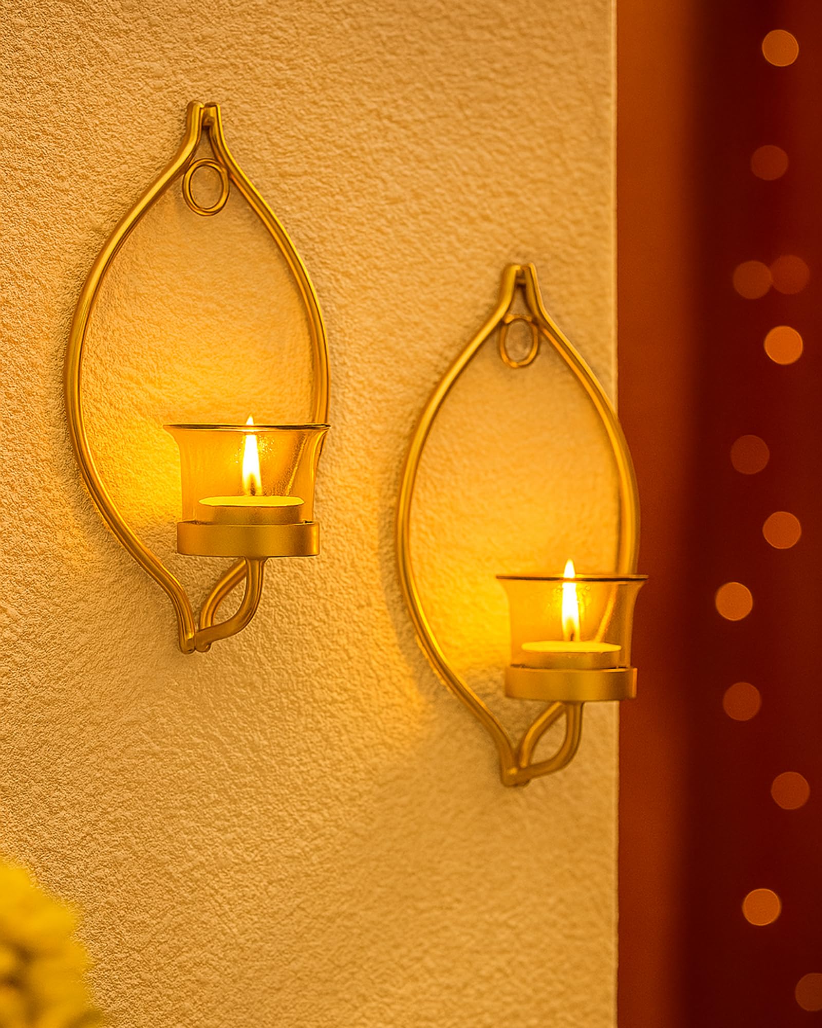 Homesake® Wall Candle Sconce Set of 2 Wrought Iron Candle Holder Hanging Wall Mounted Candle Sconces for Living Room Home Decor, Black with Glass and Free T-Light Candles (Eye Yellow Gold)