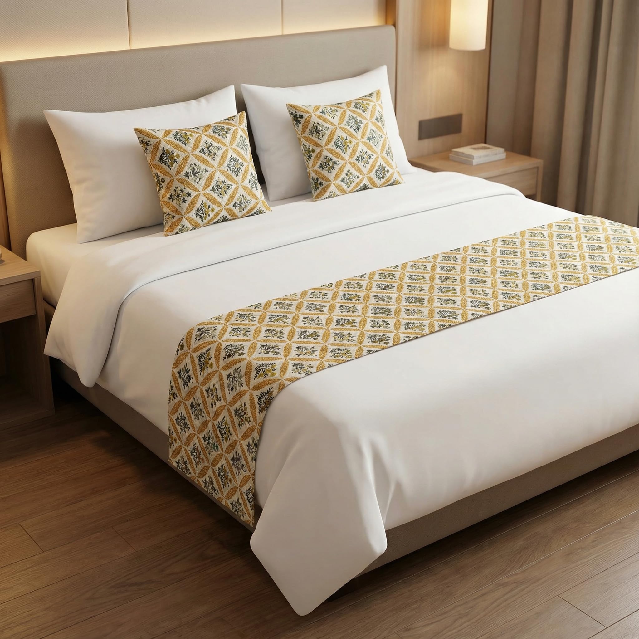 Kingly 3 Piece Velvet Quilted Bed Runner Set with 2 Cushion Covers, Runner for Double Bed/King Size, 16 x 96 Inch + 16 x 16 Inch Cushions - Trellis Floral, Mustard Olive Cream-picture-13