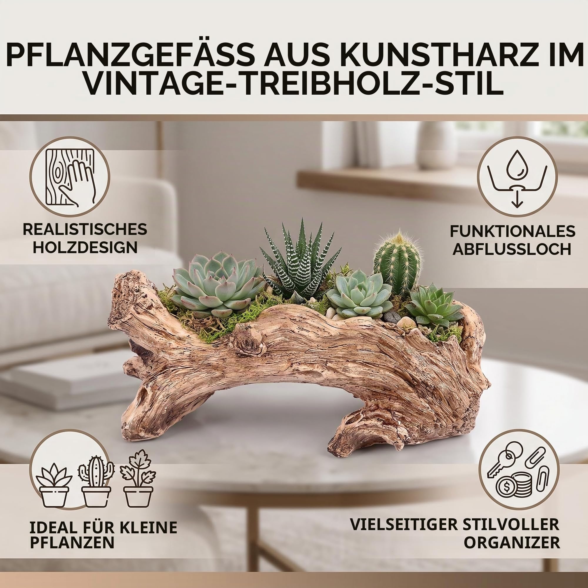 AUNMAS Treibholz Pflanzer, Realistisches Harz Design mit authentischer Textur, Effektives Drainage System für gesunde Pflanzen, Multifunktional als Blumentopf oder Organizer