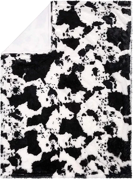 Cow Print Plush Baby Blanket-Cow Print Plush, White Back, Black, White, 30 in x 40 in