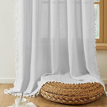 Deconovo Linen Curtains 2 Panels, Semi Sheer Curtain with Tassel, Light Filtering Rod Pocket Window Drapes, Boho Pravicy Curtains for Living Room/Bedroom/Kitchen/Sliding Door, 52W x 96L Inch, Grey