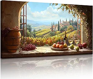 crmotu Faux Window Large Wall Art, Italian Wine Country Landscape Art Prints, Vineyard Picture Kitchen Wall Decor, Sunlit Rustic Grape Fields Paintings for Dining Room Hallway Basement 20x40 Inch