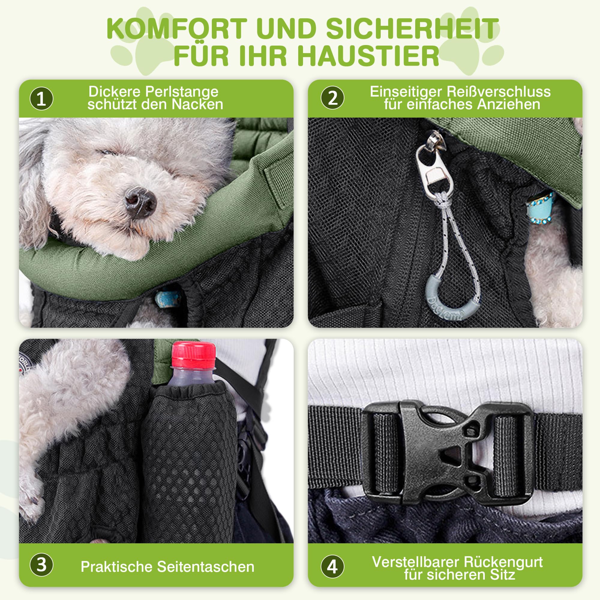 ALLSOPETS Hunderucksack für Kleine Hunde – Leichter, Atmungsaktiver und Bequemer Hunde Rucksack mit Sicherheitsleine, Freihändig für Reisen Wandern Outdoor (Olivgrün, M) | Atmungsaktive Transporttasche mit Sicherheitshaken, bequemer Rucksack für Hunde, fü
