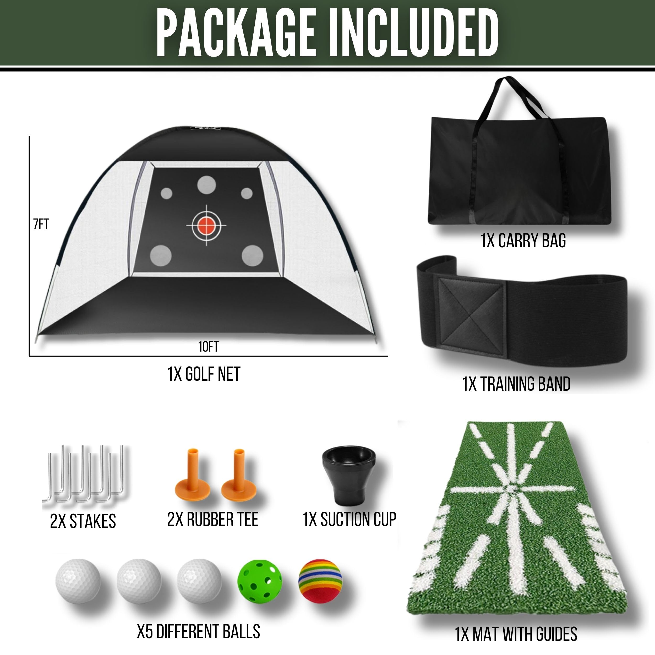 Golf Net 10x7ft – All-in-One Indoor/Outdoor Practice net with Multiple Targets, Heavy-Duty Base, tee, Balls & Bag for Driving, Chipping & Swing Training for Golf Lovers & dads.
