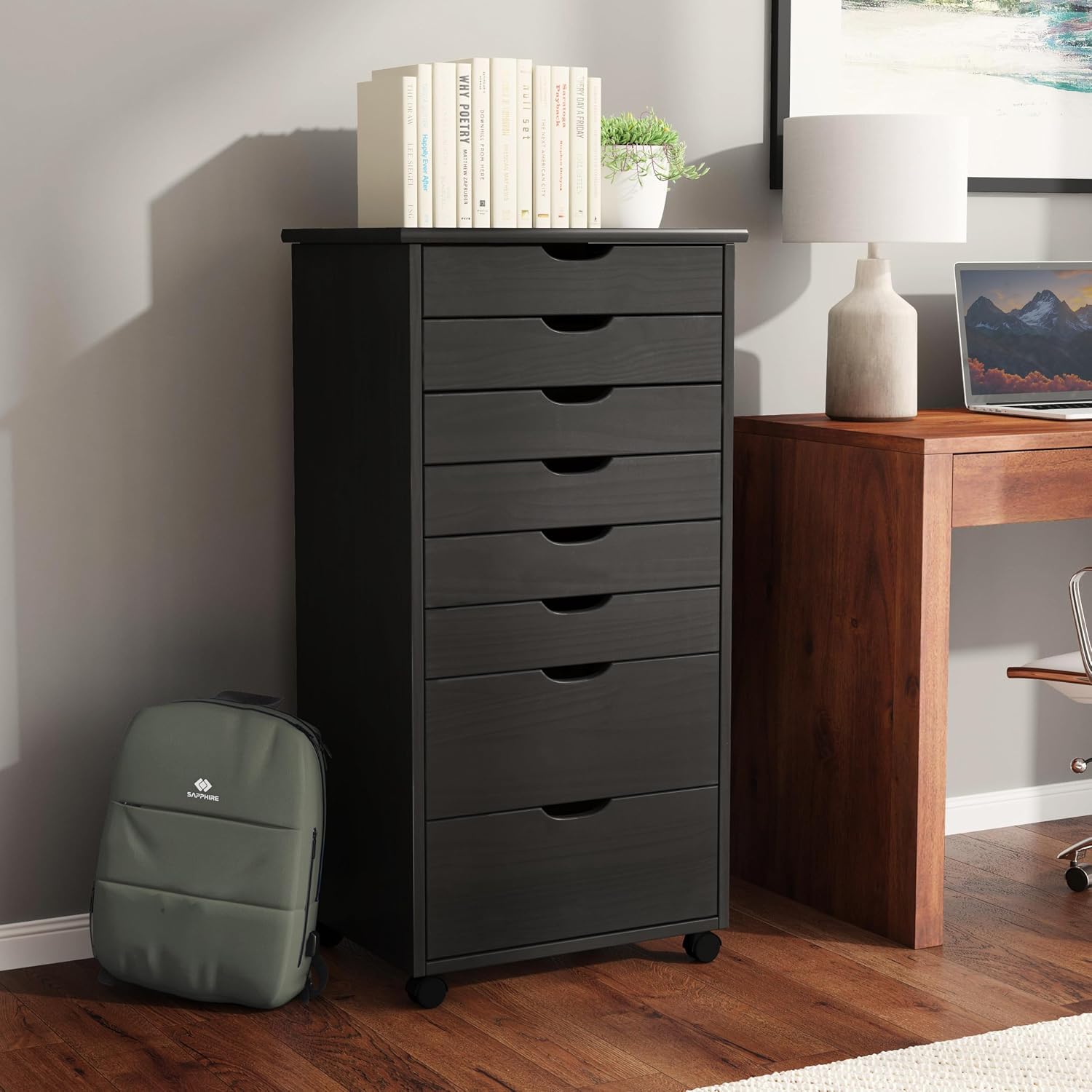 Linon Corinne Black Eight Drawer Rolling Storage Cart