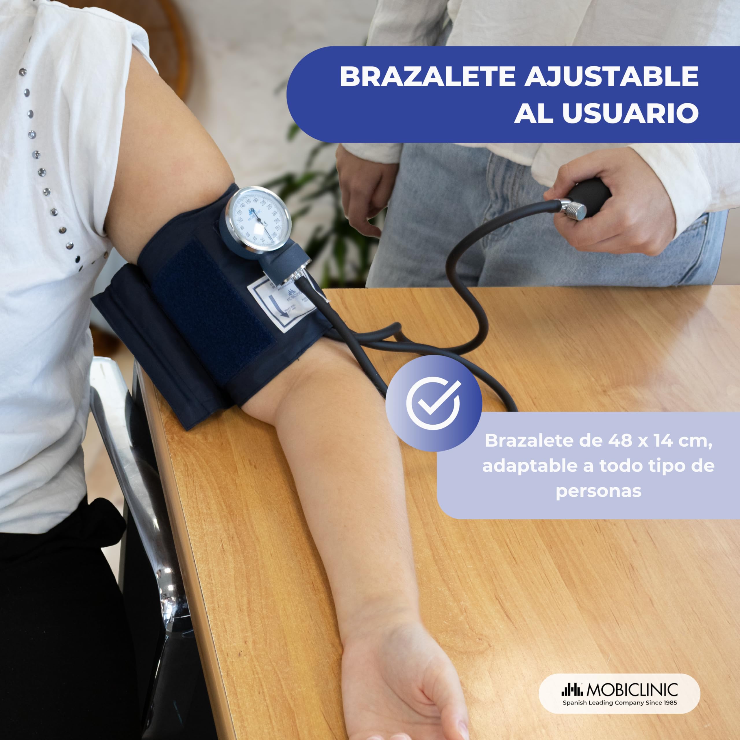 Mobiclinic, Tensiómetro de brazo, Doble salida, Incluye estuche, Medidor tensión aneroide, Medición presión arterial, Marca española, Precisión, Bomba goma, Ligero, Fácil usar, Azul