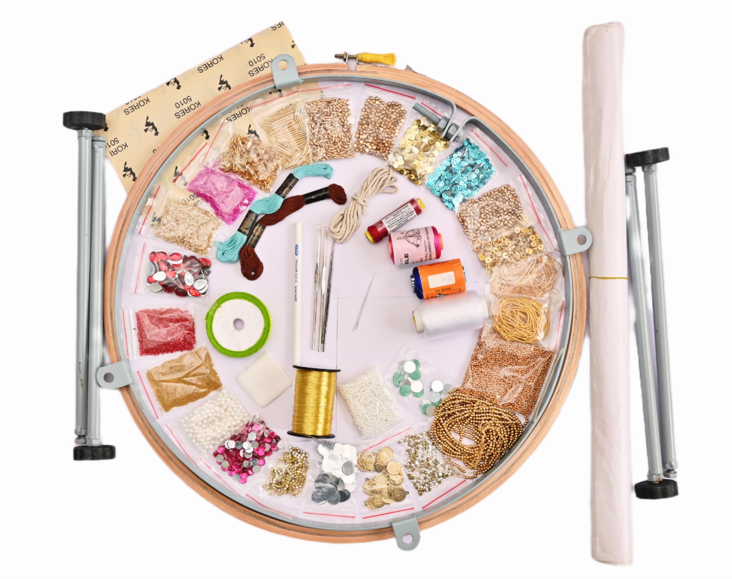 Aari Maggam Work Training Kit with Stand, 45 Items Including Thread, Beads, Zardosi, Wooden Frame, Aari Needle for Basic to Advanced Learning-image-9