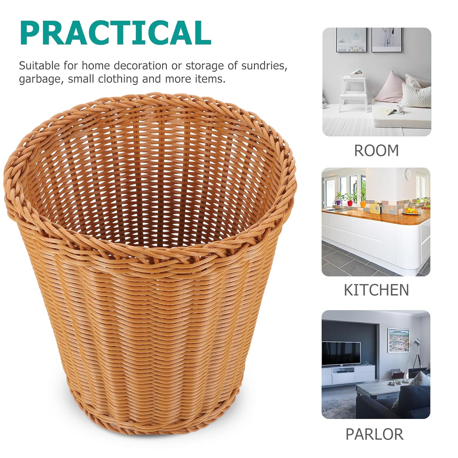 Multi-Function Woven Sundries Basket Tabletop Wastepaper Storage Basket Brown Round Open Top for Home Office Desktop Organization