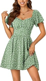 Rooscier Women's Tie Back Square Neck Wrap Ruffle Short Sleeve Flare Mini Dress - Flowy Elegant Curve-Hugging Style