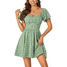 Rooscier Womens Tie Back Square Neck Wrap Ruffle Short Sleeve Flare Mini Dress