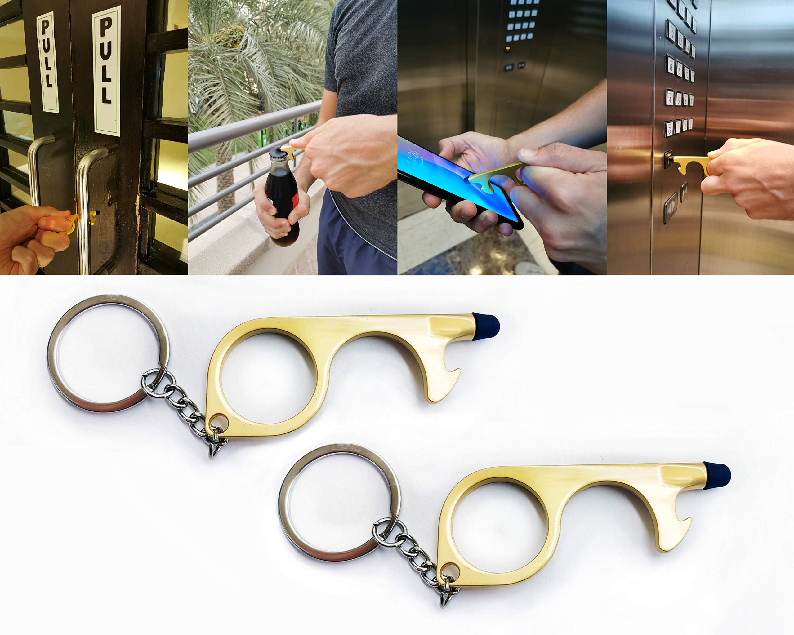 No Touch Contactless Copper Door Opener Tool Keychain with Touchscreen Stylus Button Pusher (2 Pieces, Golden)
