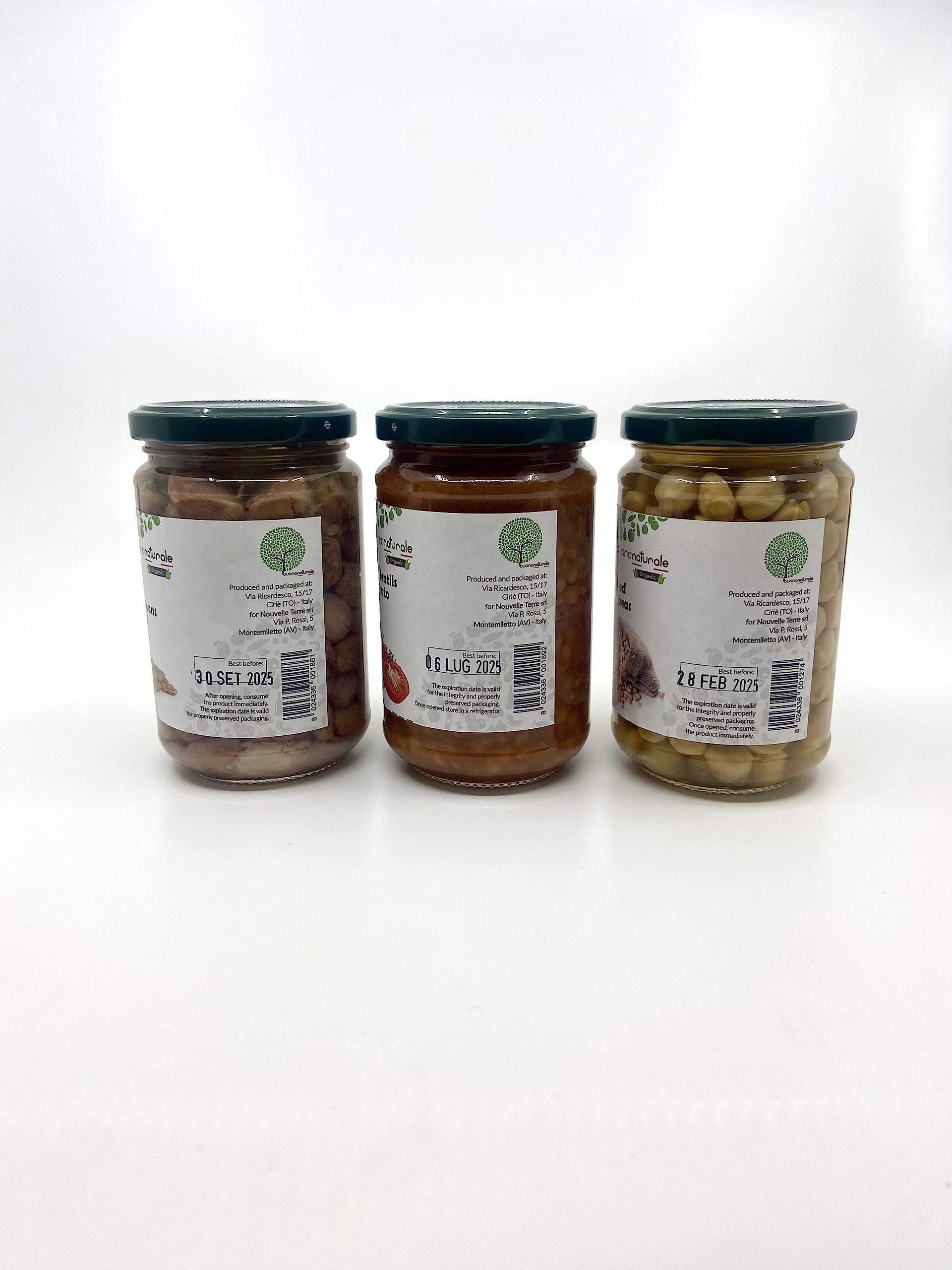 buononaturale Boîte aux légumes BIO 1,8kg — mélange de légumineuses italiennes bouillies: 2pcs Lentilles au tomate BIO, 2pcs Haricots borlotti bouillis BIO et 2pcs Pois chiches bouillis BIO (6x300g)