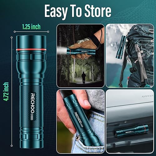 Miniatura 6 de RECHOO Linterna recargable, paquete de 1, linterna brillante de grado militar, altos lúmenes con enfoque ajustable y 3 modos de iluminación,