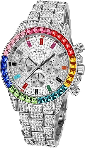 Gosasa Lujo Bling-ed Out Esfera colorida Full Diamond Hip Hop Rocks Relojes Moda Cuarzo Analógico Acero inoxidable Pulsera Reloj (Plata), plateado,