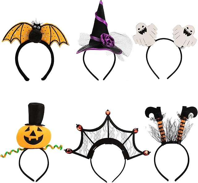 JOYIN 6 Pcs Halloween Headbands Halloween Costume Headbands Pumpkin, Bat, Witch,Phantom,Witch Legs, Spider Web for Halloween Costume Cosplay Party Favours