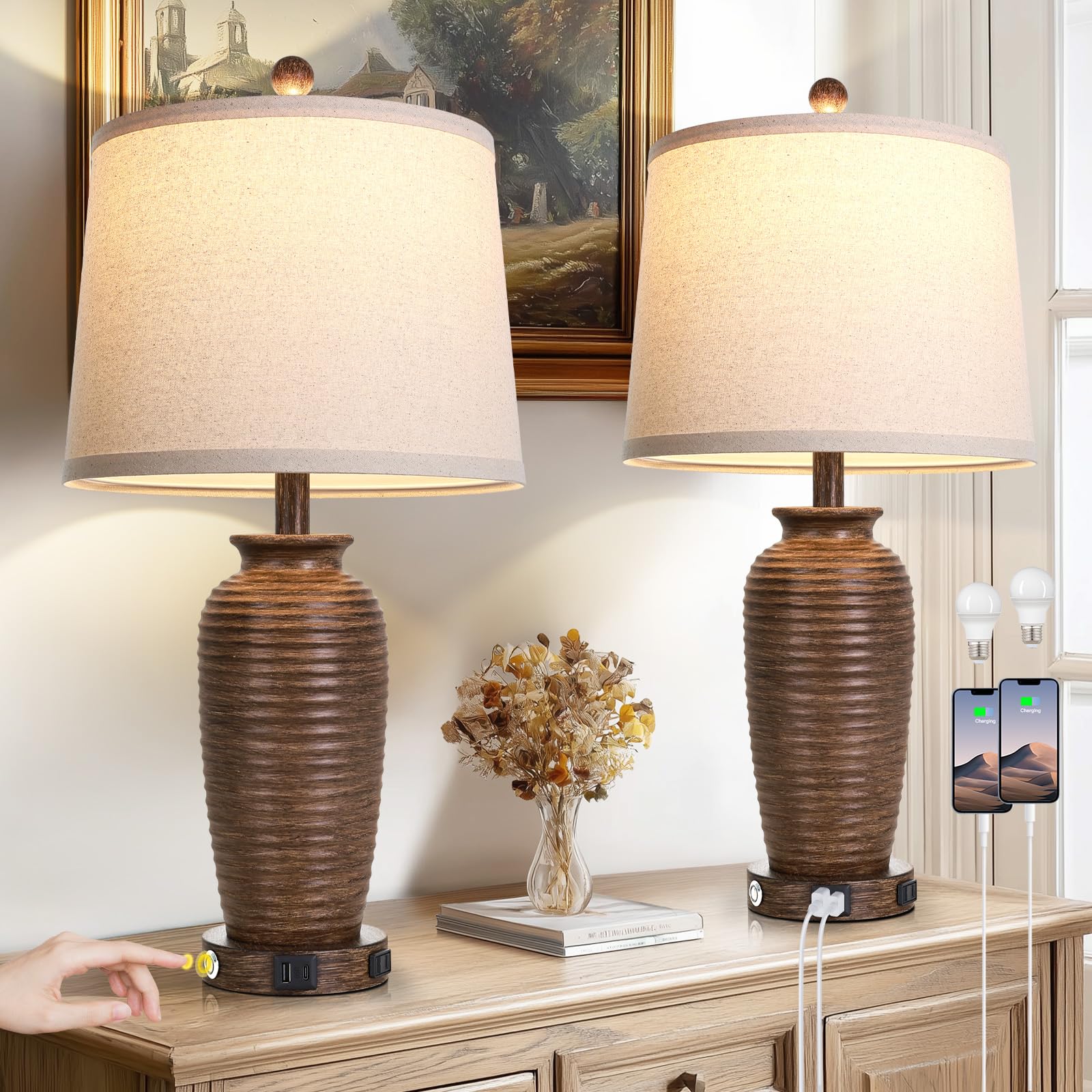 Photo 1 of CINSARY 25" Retro Walnut Brown Farmhouse Jar Table Lamps Set of 2, 3 Way Touch Control Rustic Bedside Lamps with USB A+C Ports & AC Outlet, Pot Nightstand Lamps for Bedroom Living Room