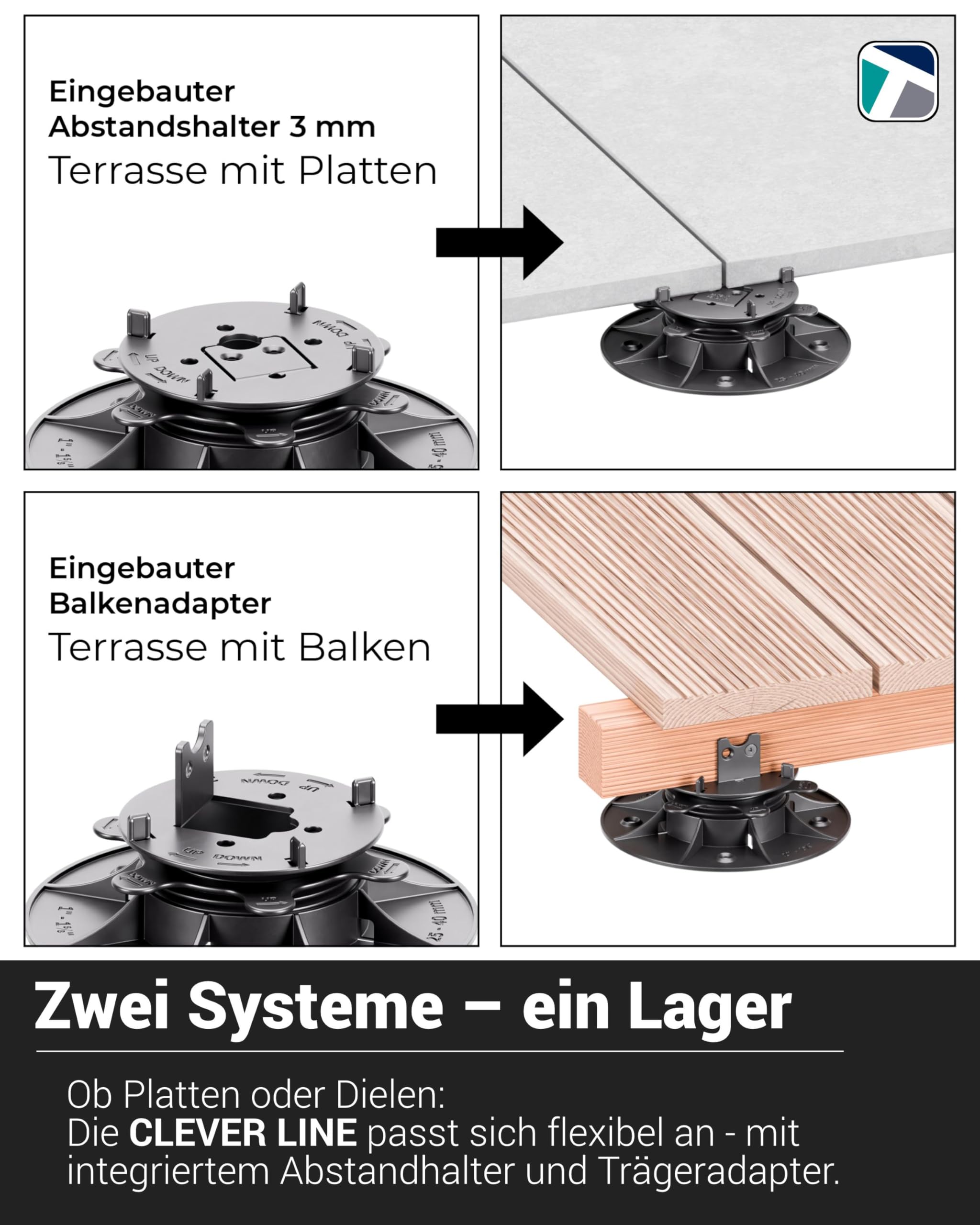 25 Stück Trevendo CLEVER LINE Stelzlager (25-40 mm) - höhenverstellbar - für Steinplatten, WPC- und Holzplanken - Tragkraft bis zu 500 kg - inklusive Fugenkreuz und L-Adapter