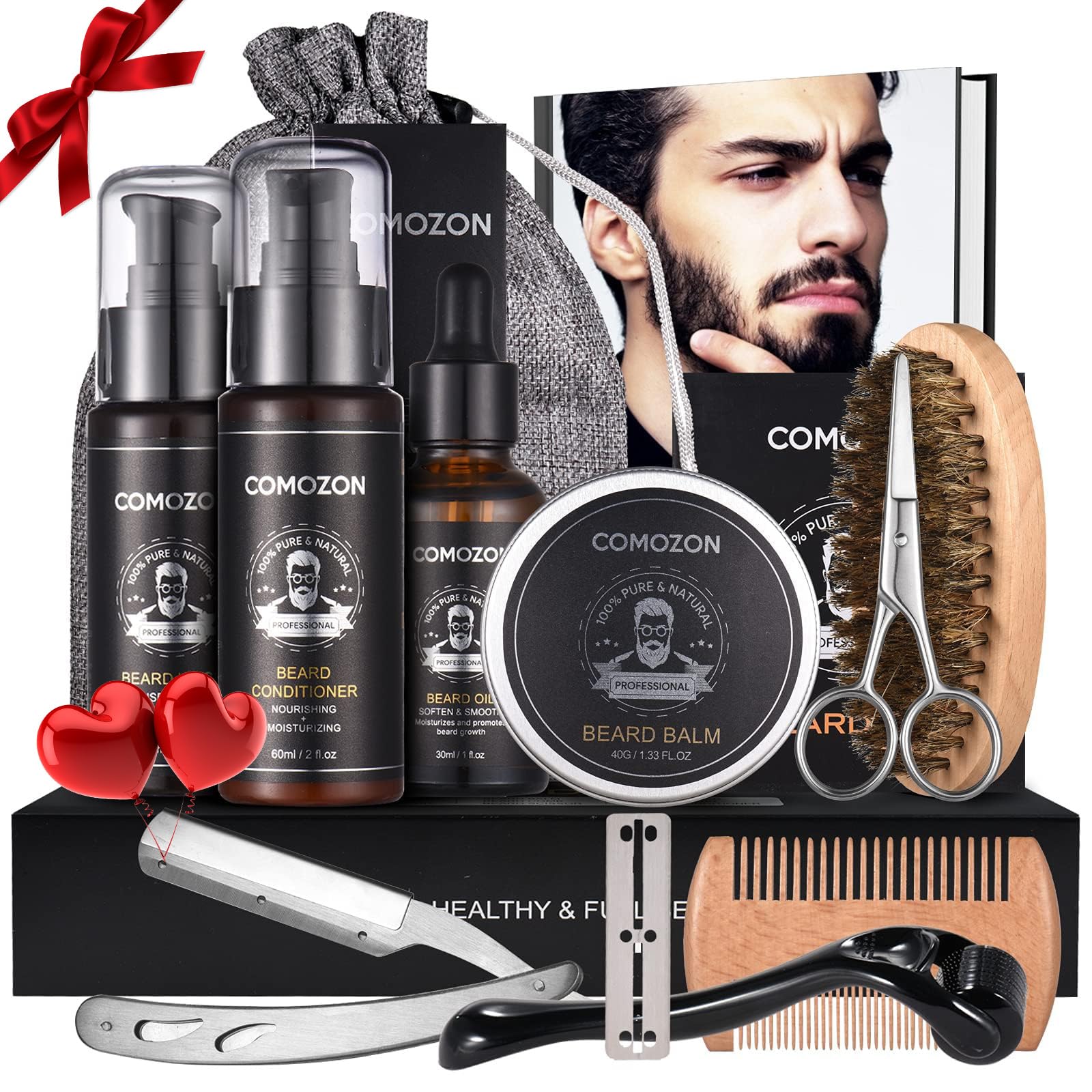 Kit Barbe Homme Complet 12 en 1, Soin Barbe avec Huile, Shampoing, Crème, Peigne, Ciseaux, Brosse, Rasoir