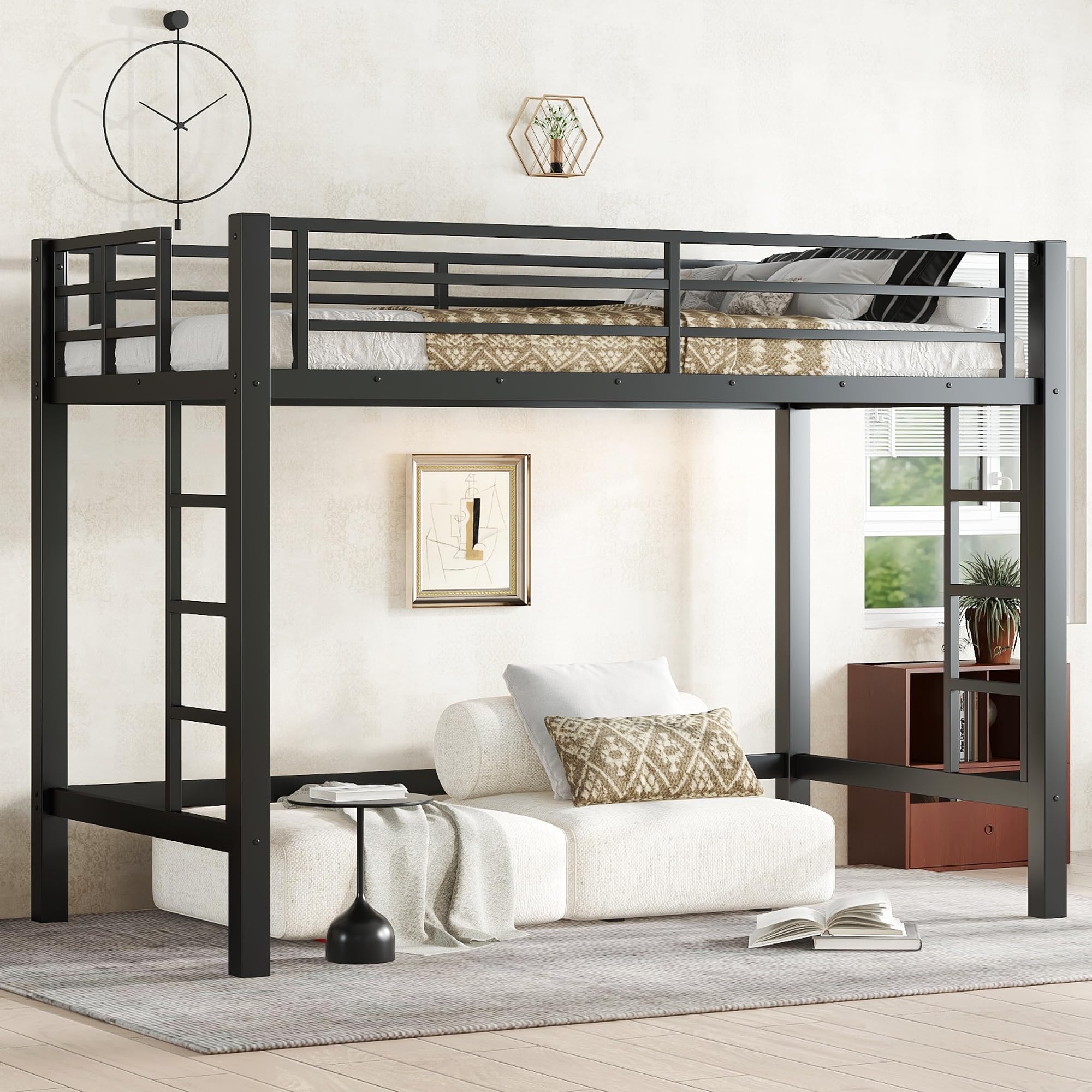 Condition photo showing New/Like New for flieks twin xl size metal loft bed frame, loft bed with easy climbing ladder and guardrails, black(frame only)