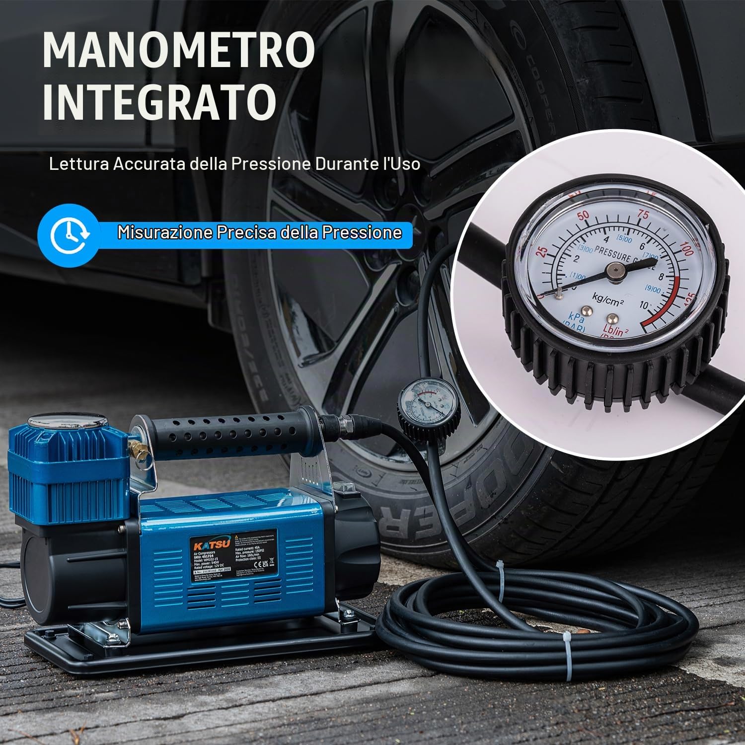 KATSU Tools Compressore Aria Portatile Auto Professionale 150PSI 12V 45 Amp Grande Volume 4WD Gonfiatore per Pneumatici per Auto Pompa per Auto Camper SUV Camion