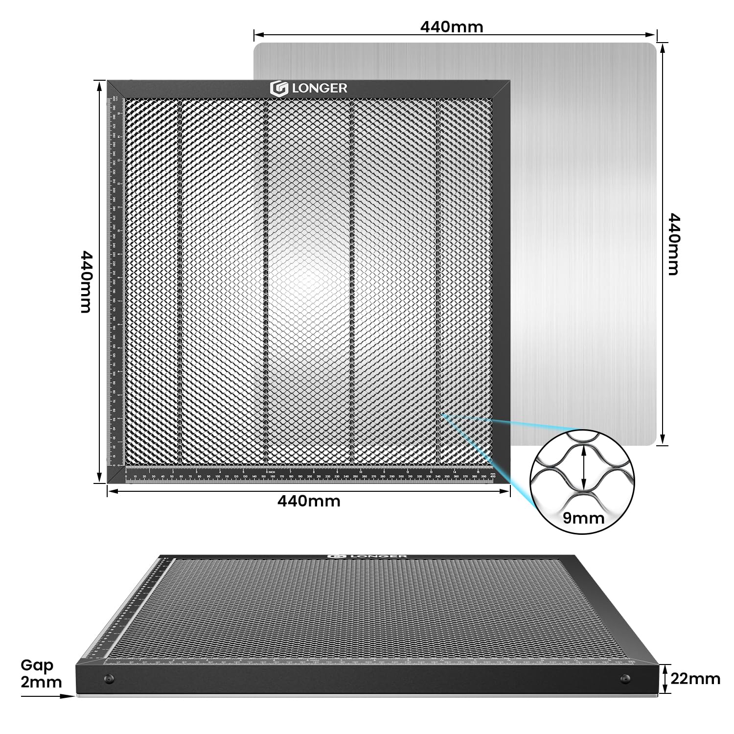 LONGER Wabenplatte 440x440mm für Lasergravierer - Professionelle Rauchabzugsplatte mit Aluminiumpanel, Kompatibel mit RAY5, Dioxygen, Fiber und CO2 Lasern, Rostfrei & Hitzebeständig