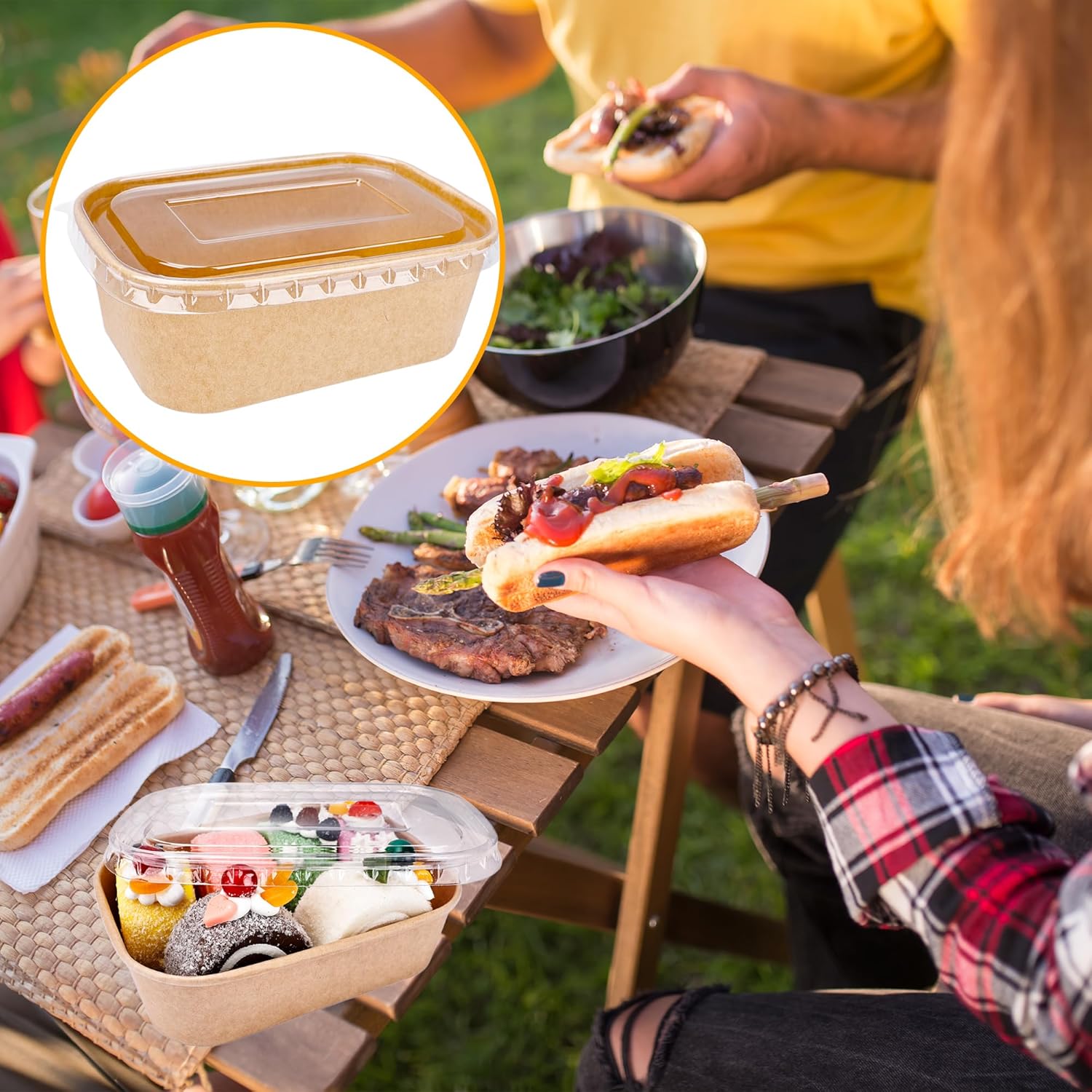 60 Pcs Disposable Kraft Paper Bowl Bulk Paper Rectangle Extra-Thick Leak-Proof Prep Food Container with Plastic Lid for Kitchen Restaurant Meal Fruit Salad Takeout Picnic Party Supplies (25 oz)