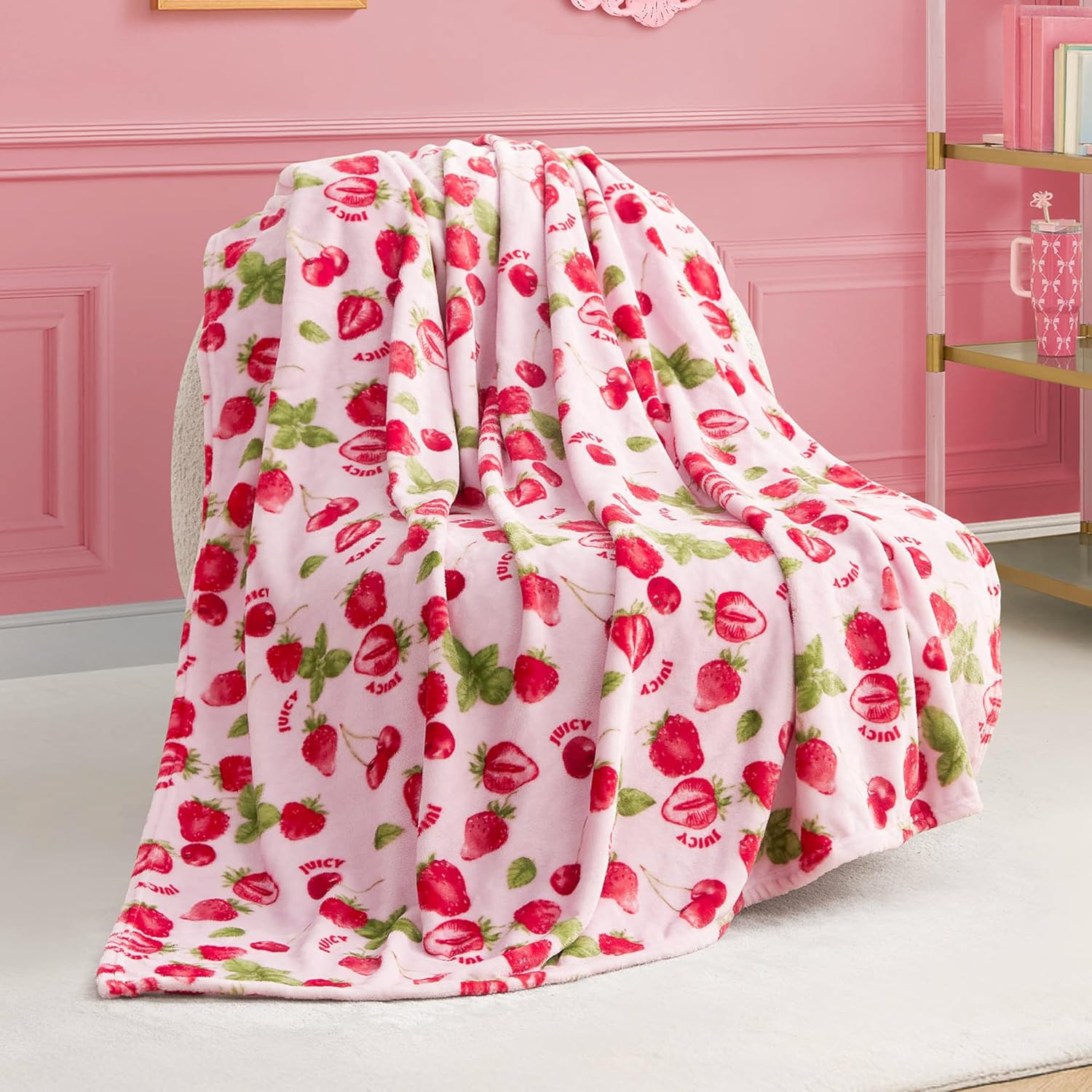 Juicy Couture Berry Happy 50" x 70" Plush Throw Blanket, Pink - Decorative Blankets for Sofas, Throws for Chairs, and Beds