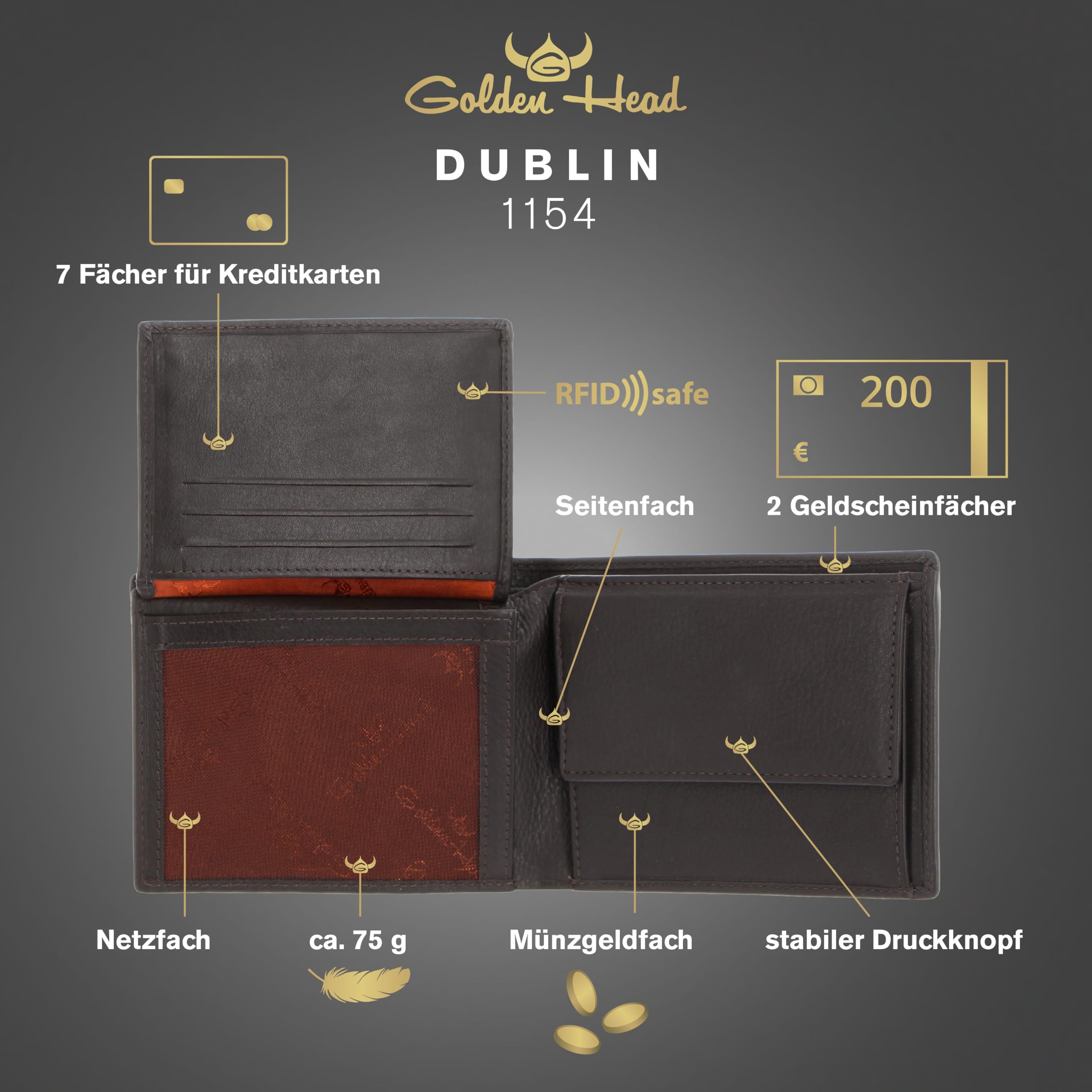 Golden Head Leder Geldbörse Dublin RFID Protect Scheintasche 1154 Braun Dunkelbraun