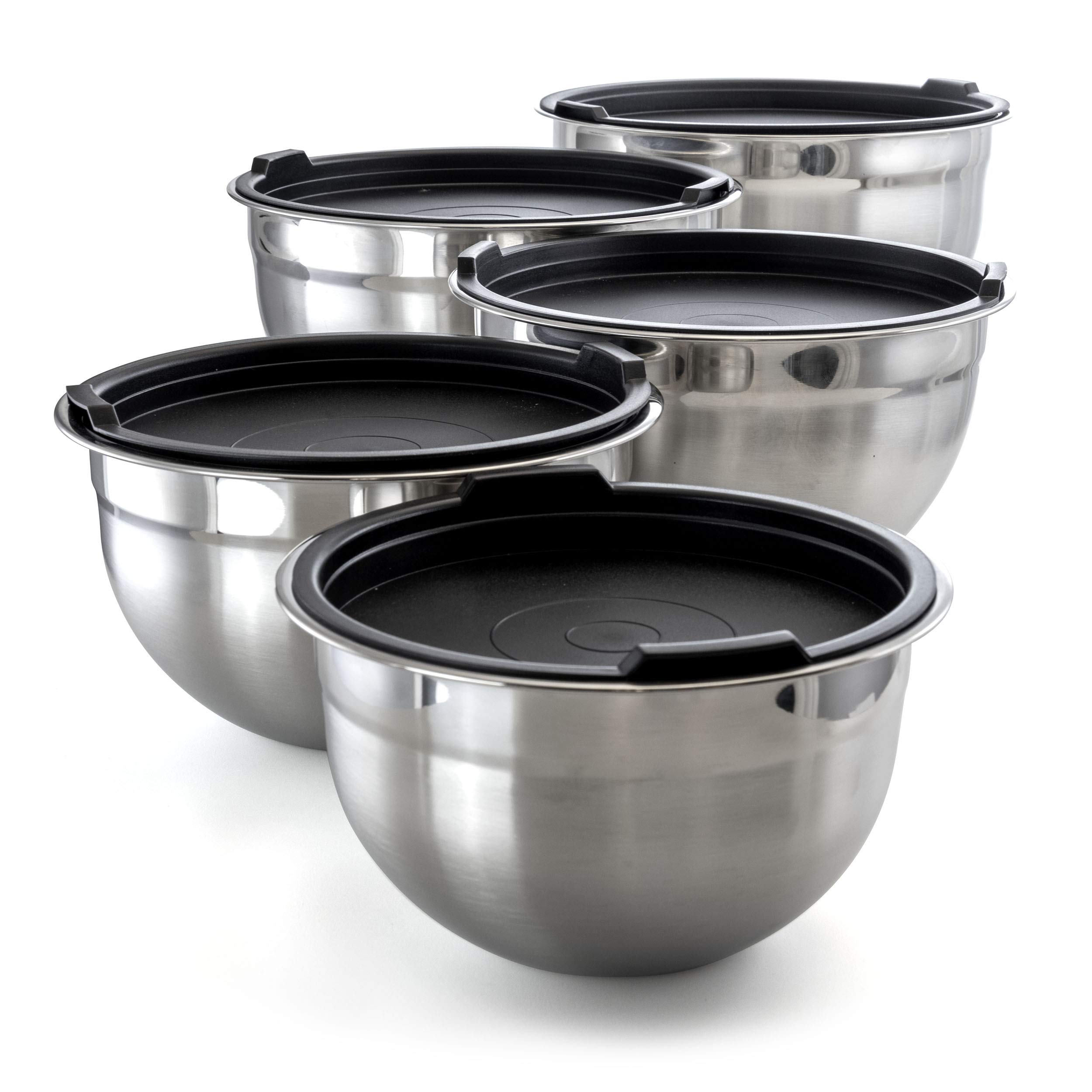 Megachef Rührschüssel-Set mit Deckel, stapelbar, 5-teilig, verschiedene Größen, Silber Chrom