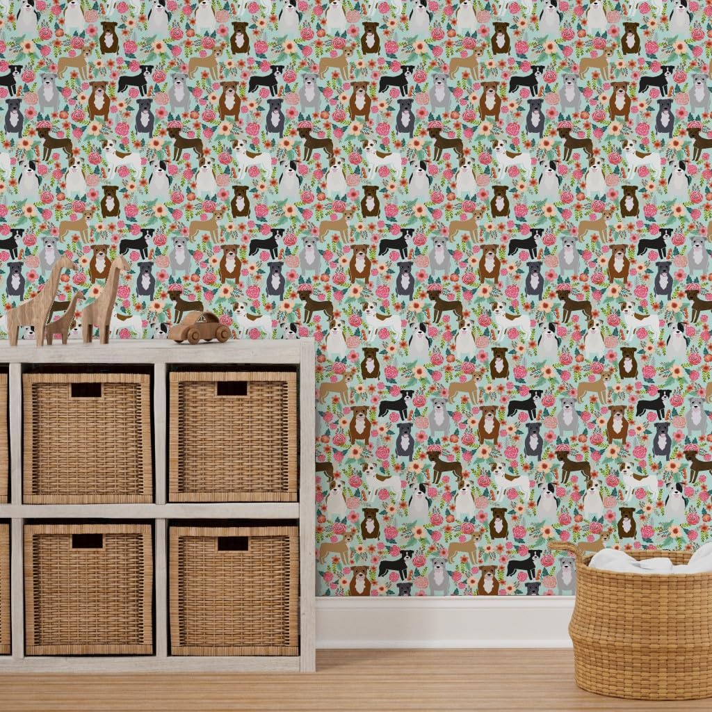 Peel & Stick Wallpaper 12ft x 2ft - Floral, Pitbull Terriers, Cute, Dogs, Dog, Sweet, Animals, Florals, Mint Green, Rescue, Puppy Custom Removable Wallpaper by Spoonflower