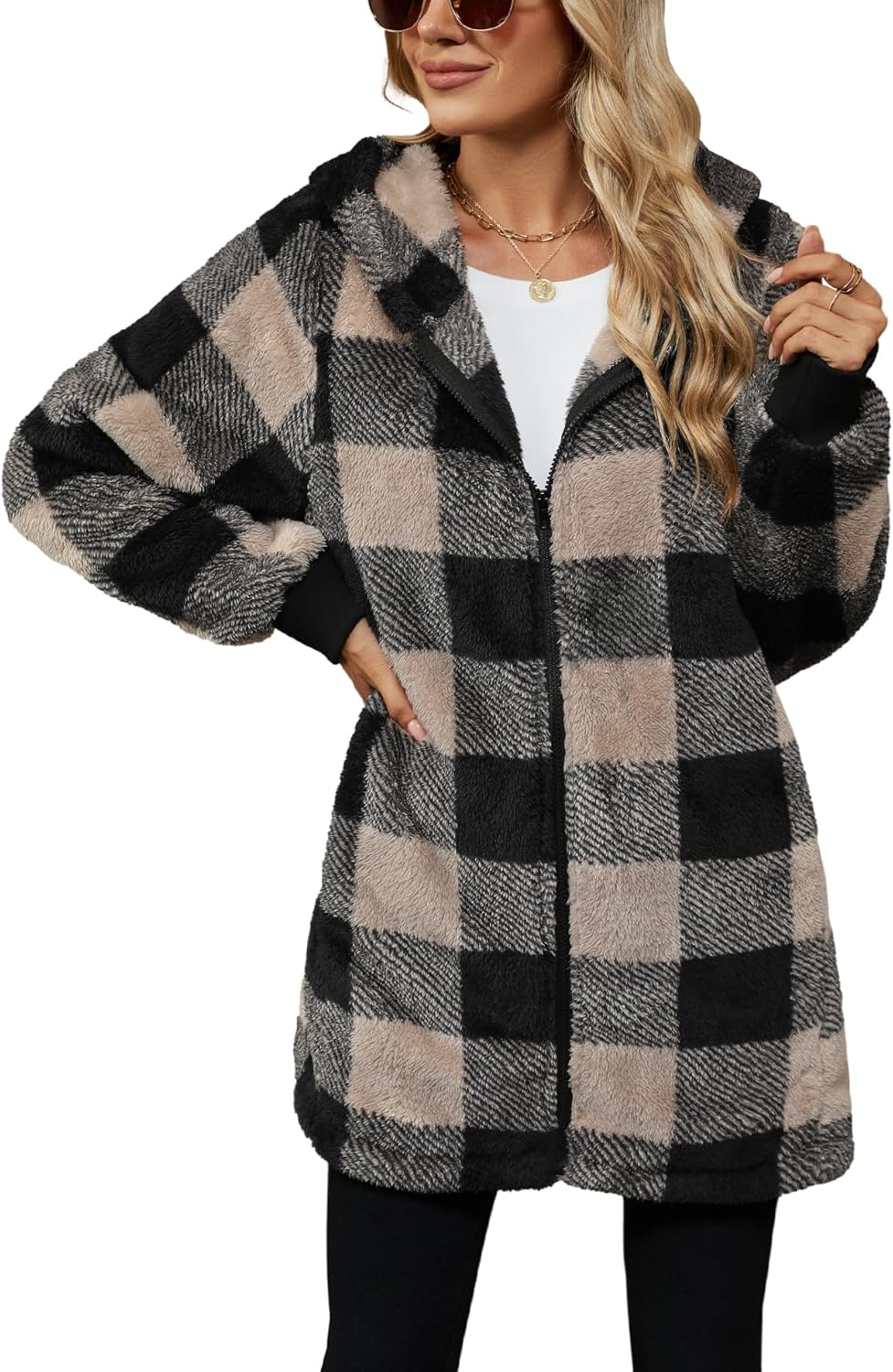 Yanekop Womens Oversized Sherpa Jacket Fuzzy Fleece Zip Up Jacket Warm Winter Coats Faux Fur Coat with Pockets - Image 2