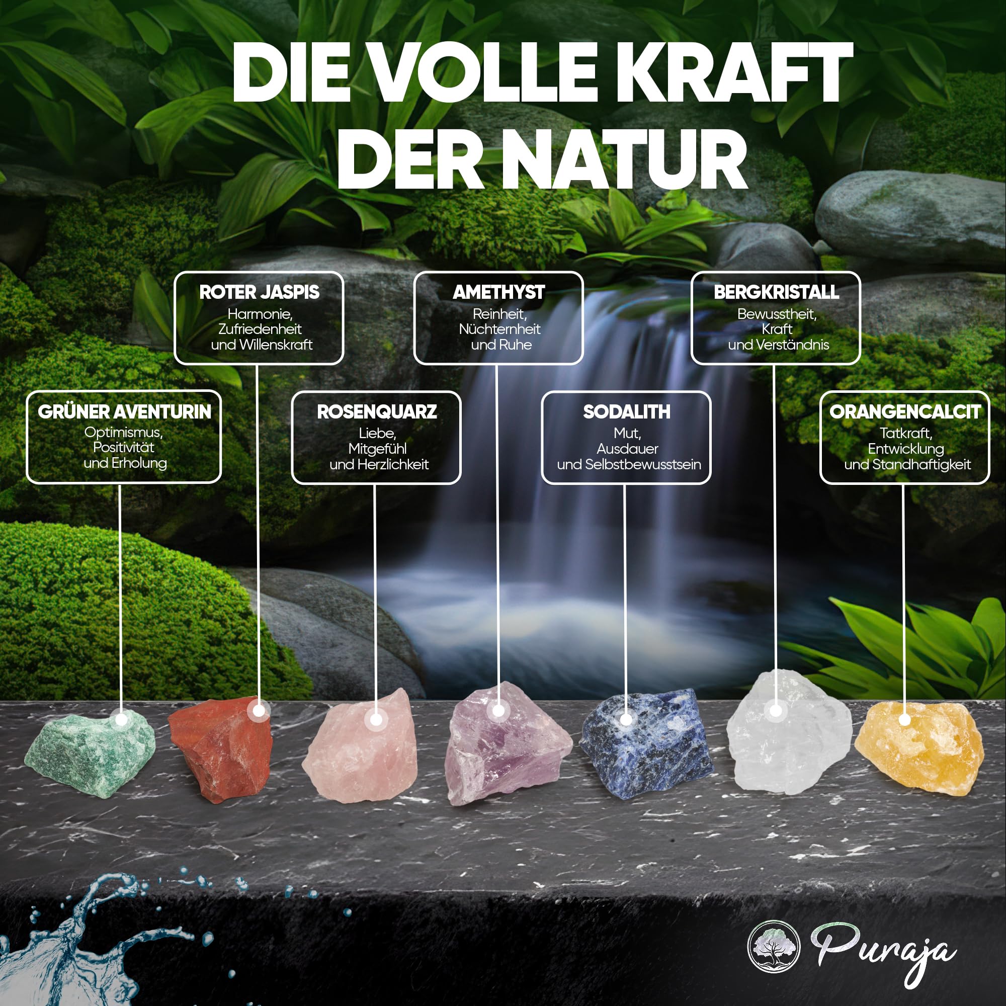 PURAJA Große Wasserstein Mischung | Premium Natursteine | Heilsteine Set mit den 7 beliebtesten Natursteinen | 300g Edelsteine für Trinkwasser | Wassersteine zur Wasseraufbereitung