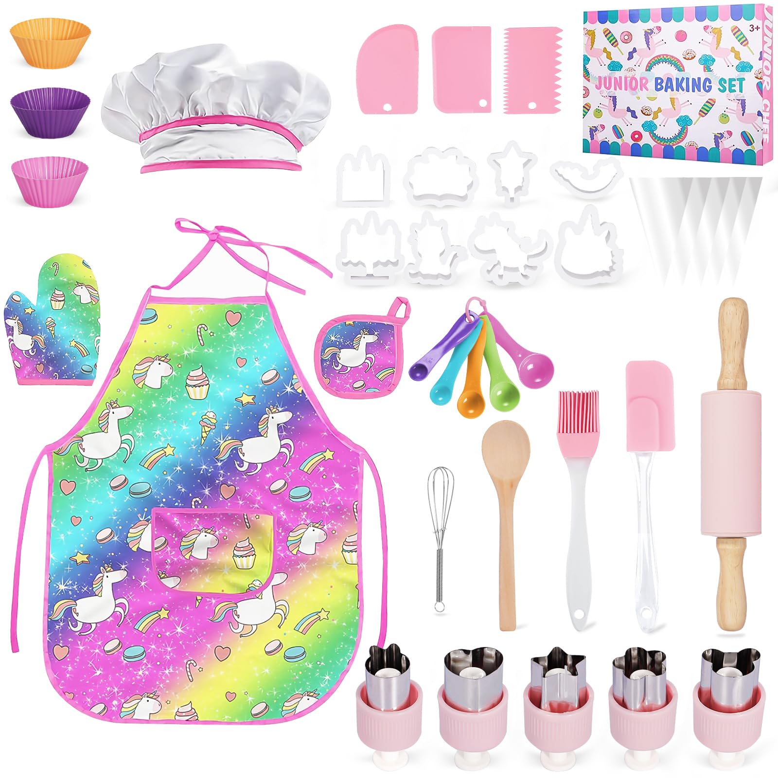 38 PCS Kit de Cocina y Horneado para Niños, Incluidos Delantales, Gorros de Chef, Guantes y Accesorios de Cocina para niños, Juego de Roles para Niña Juguetes Regalos 3-10 años