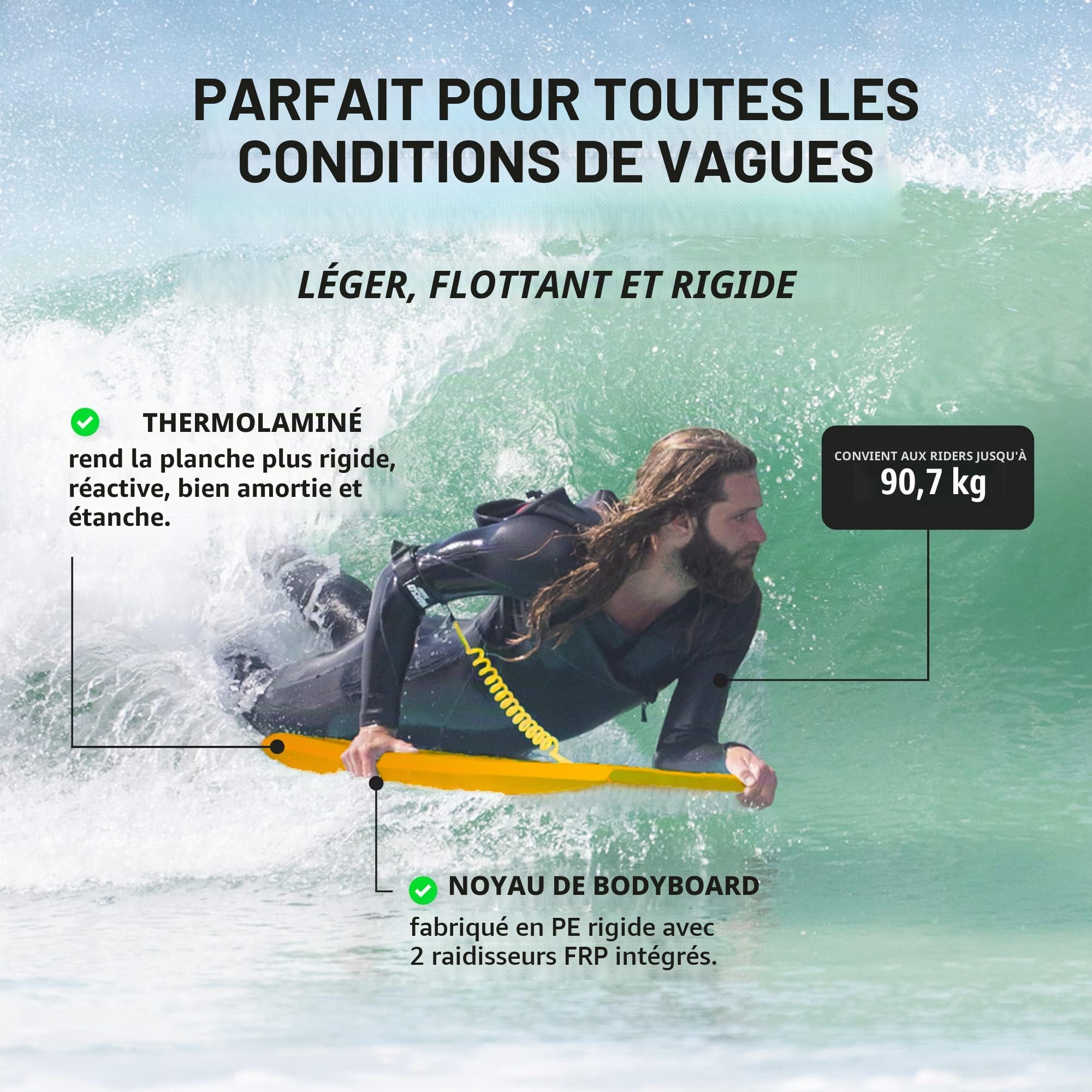 Thurso Surf 106,7 cm léger Bodyboard Comprend Pro double pivotant Bodyboard Laisse et Lux Bodyboard Sac. EPO Core en polyéthylène à haute densité Slick en bas, du pont de Ixpe. Azure et Sky, mandarine