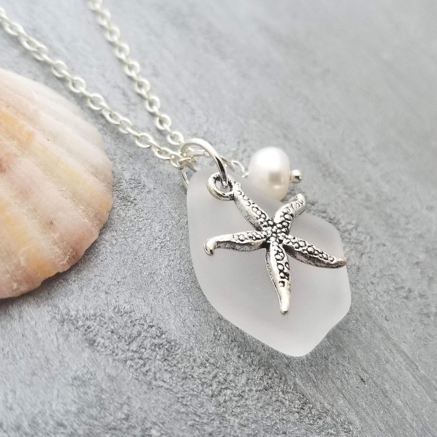 Handmade in Hawaii,"Crystal" sea glass necklace,"April Birthstone", Starfish charm, freshwater pearl, (Hawaii Gift Wrapped, Customizable Gift Message)
