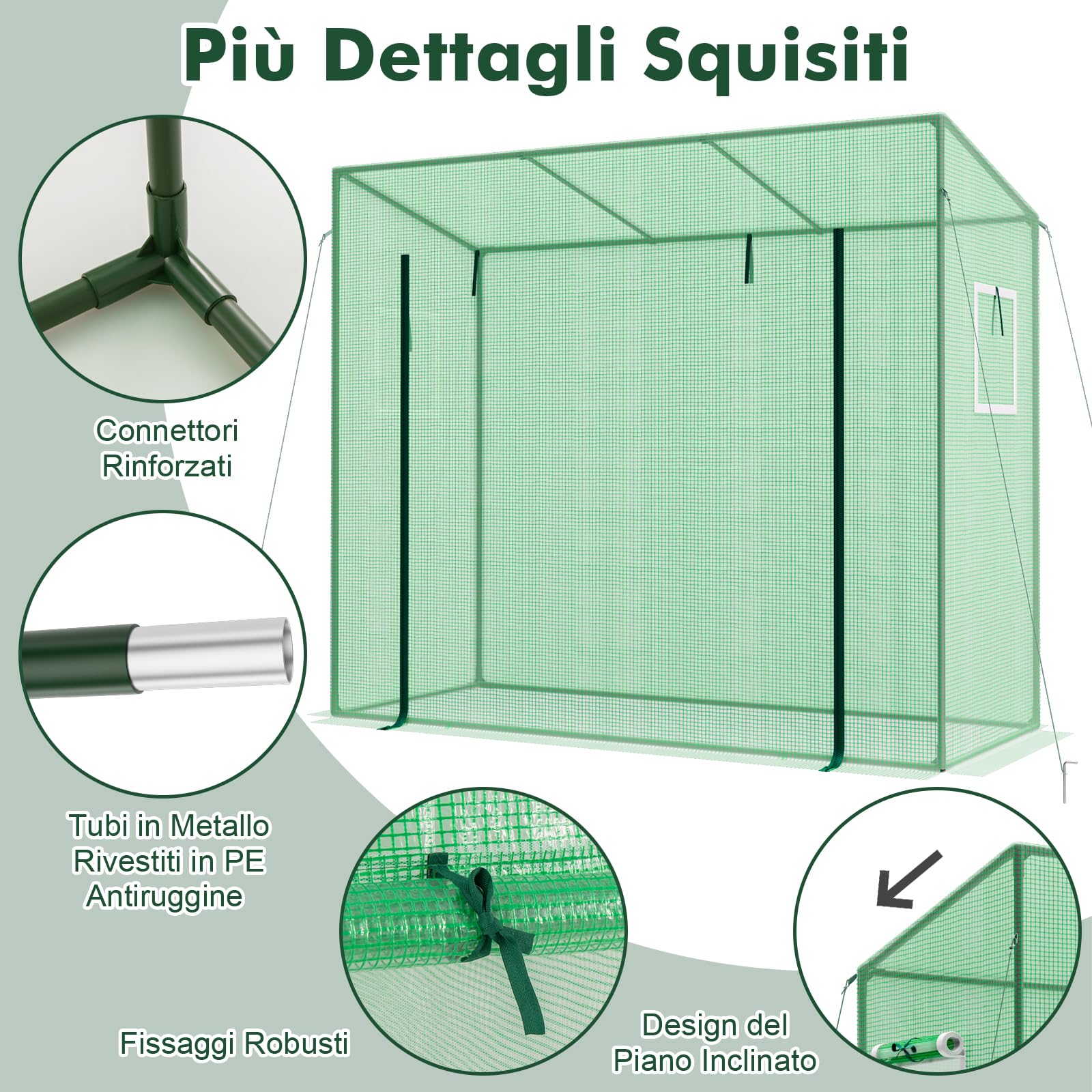 GYMAX Serra da Giardino, Serra Portatile Mini Esterna con Copertura in PE, 4 Corde Antivento e Picchetti da Terra, Porta a Cerniera con Avvolgimento, 200 x 77 x 169 cm (Verde-1)