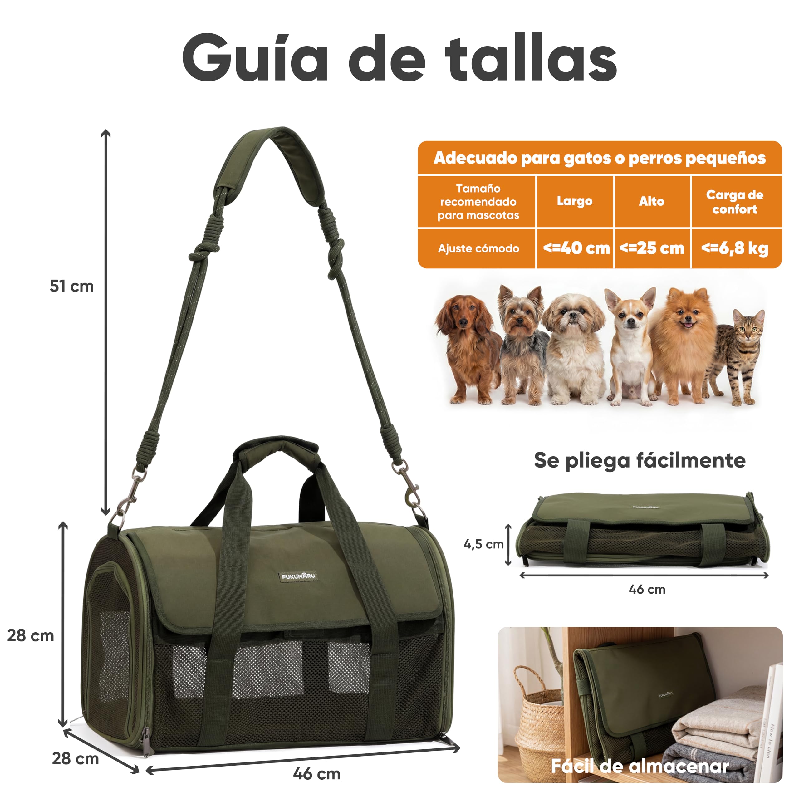 FUKUMARU transportín para Gatos y Perros, pequeño, Ligero y Transpirable, 46 x 28 x 28 cm, homologado para Viajar en Cabina, Plegable y Blando, con Malla antirrascado, Color Verde