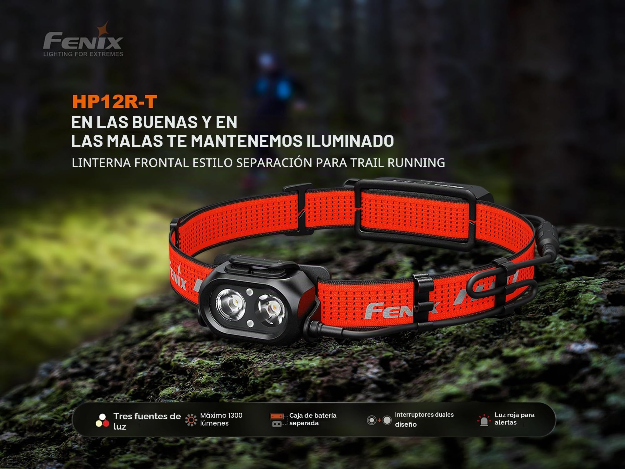 Fenix HP12R-T - Linterna frontal recargable negra para correr y exteriores, 1300 lúmenes, 200 m, 310 horas máximo, luz blanca fría + haz puntual blanco cálido, carcasa de batería trasera con luz de