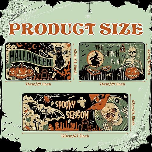 Miniatura 4 de Juego de 3 alfombras y tapetes góticos de cocina, vintage, gótico, espeluznante, calabaza, antideslizante, retro, esqueleto, bruja, murciélago,