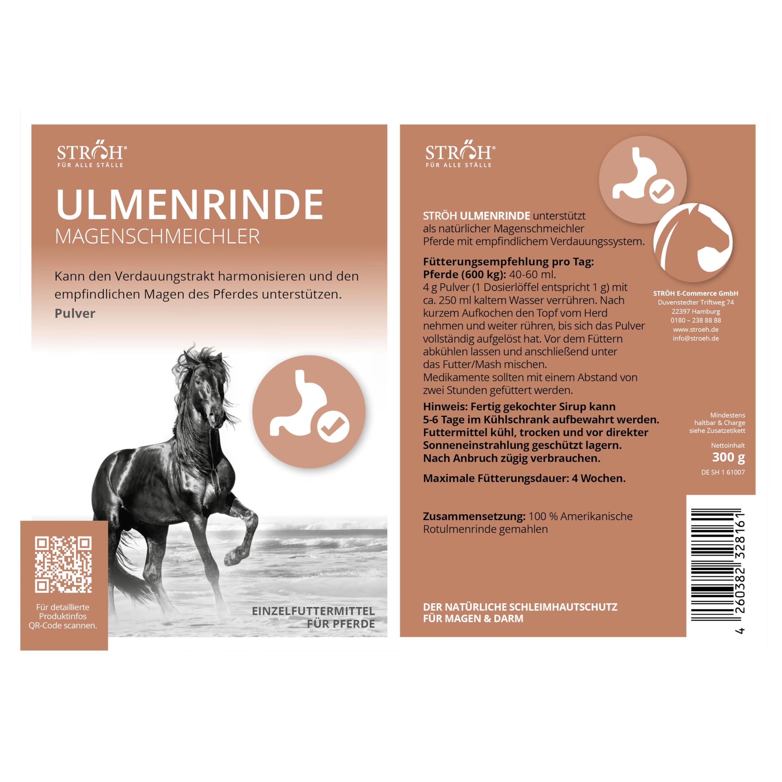 STRÖH Ulmenrinde Pulver für Pferde (300g) • Natürliche Unterstützung für Magen und Darm • Fein gemahlen • Magenschmeichler Pferd • Zusatzfutter Pferde • Naturprodukt+C11:E11