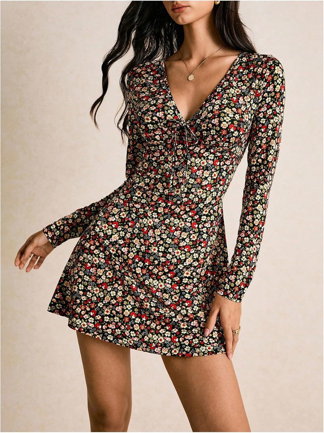 Milumia Women's Boho Floral Long Sleeve Mini Dress Tie Front V Neck A Line Short Dresses - Image 2