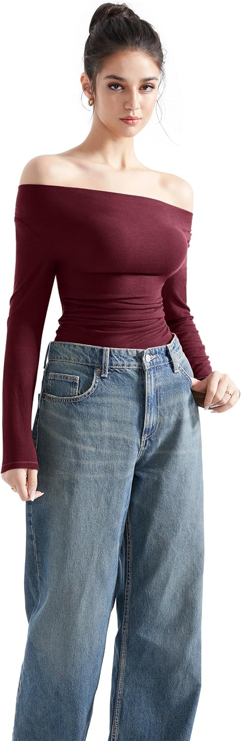 SUUKSESS Women Long Sleeve Off Shoulder Tops Trendy Cowl Neck Going Out Shirt for Fall - Image 2