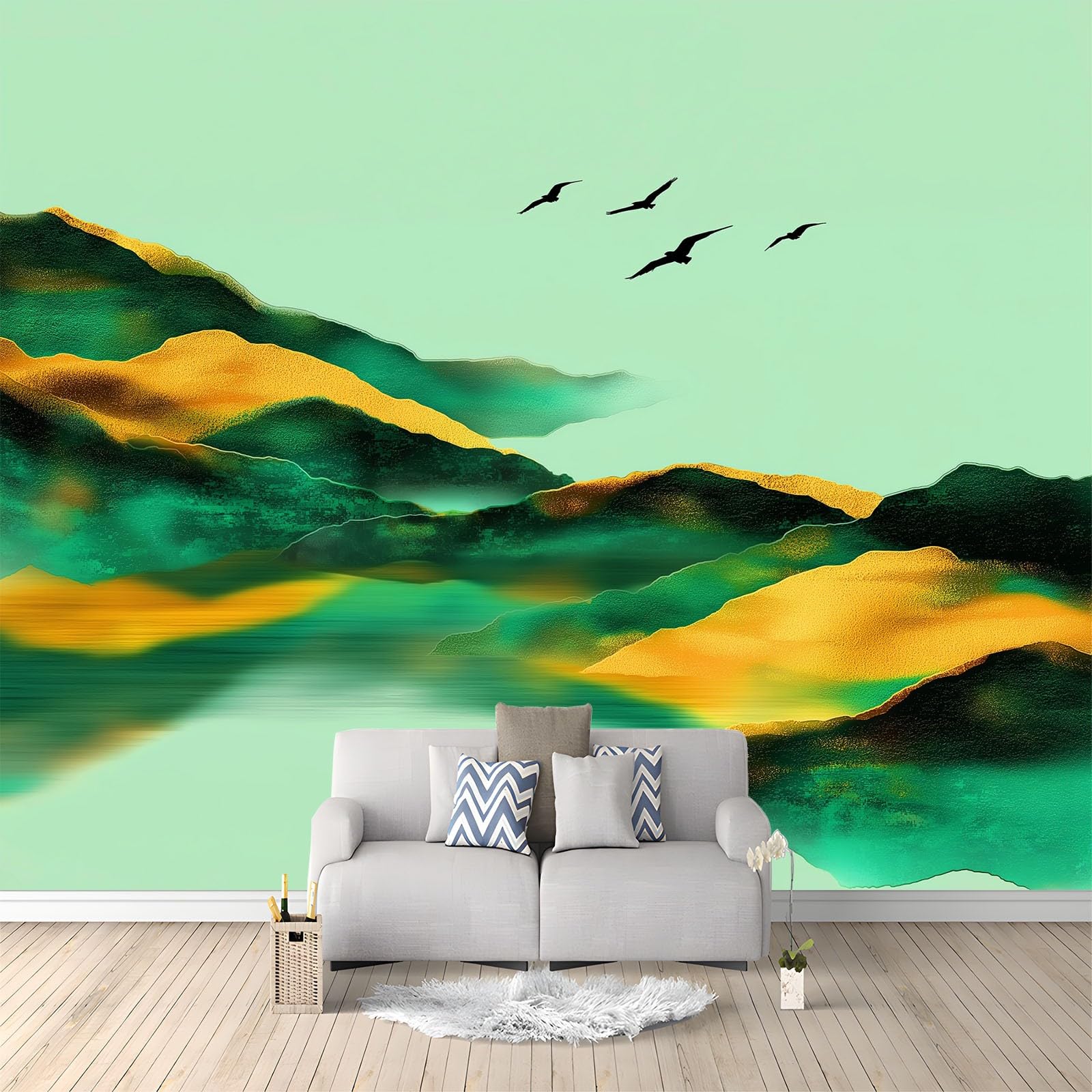 Papier peint intissé vert anti-imperfections pour grand mur de salon