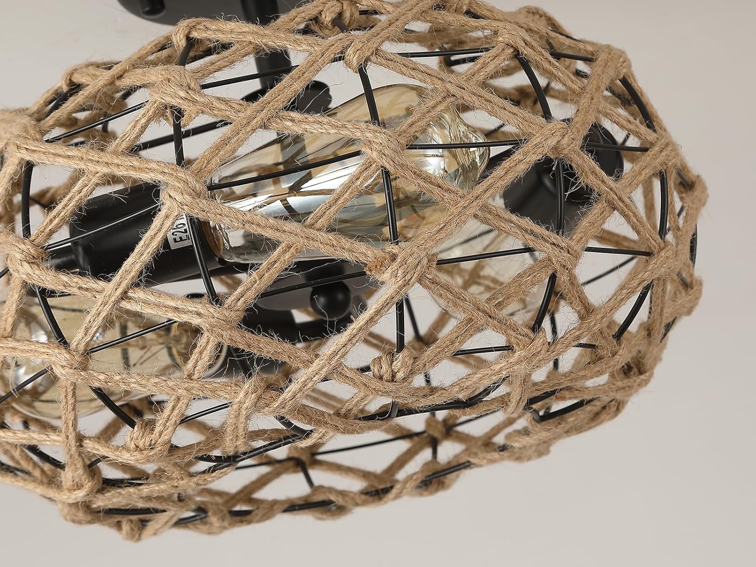 3-Light Coastal Woven Flush Mount Ceiling Light Fixture 13.38 inch Boho Rustic Handmade Hemp Rope Round Cage Semi Flush Mount Ceiling Light for Hallway Hall Entry Bedroom Farmhouse Beach, Black