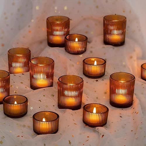 Miniatura 36 de Hewory Portavelas de cristal de candelita de cristal: 8 portavelas votivas ámbar, portavelas para velas de té, soportes acanalados para velas de té