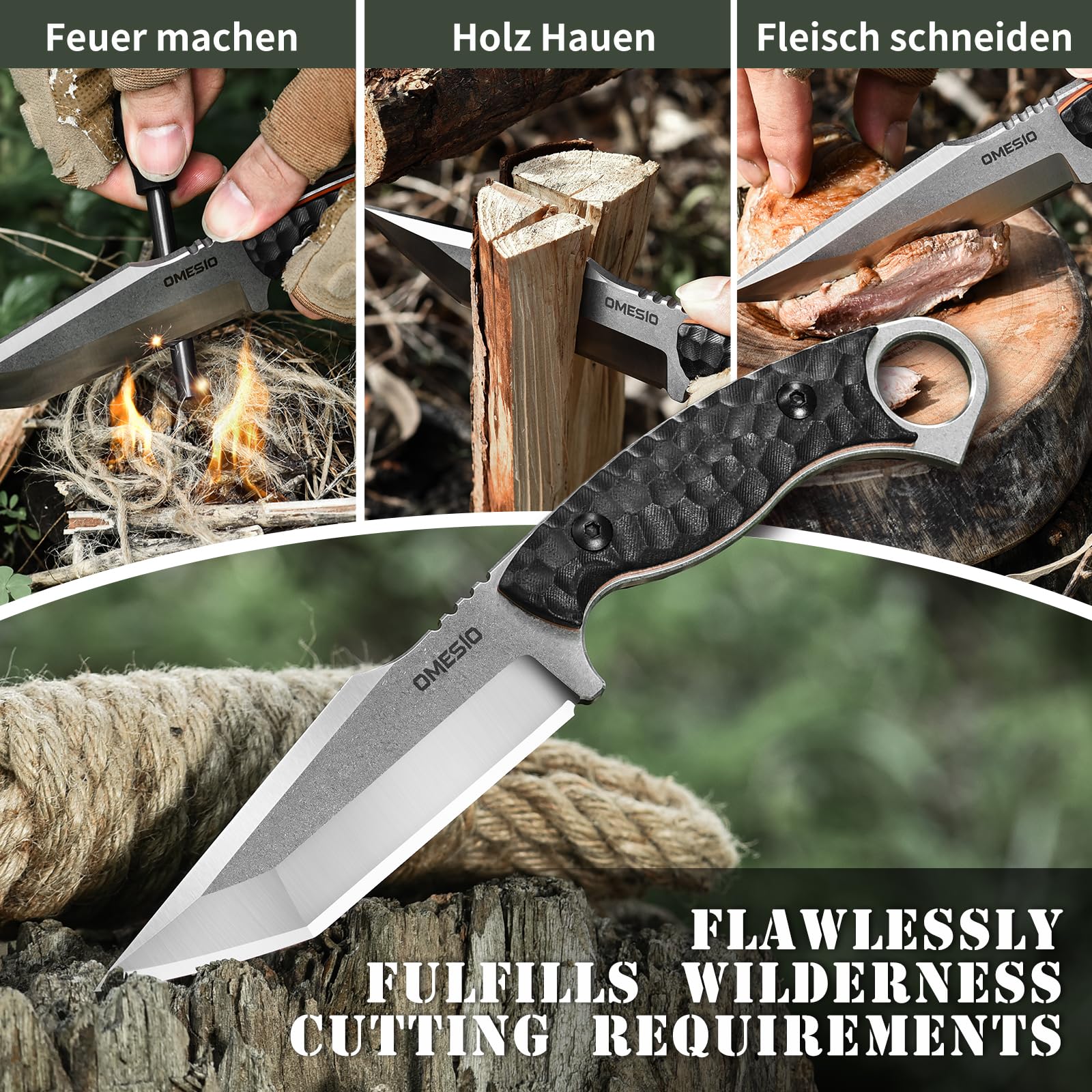 Omesio M-YL21 Tanto Couteau, livré avec étui Kydex et allume-feu, couteau de Survie haut de gamme en acier 420 à soie pleine, longueur de lame 12,6 cm manche G10, adapté à la outdoor et au camping.