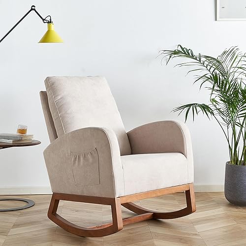 Miniatura 14 de Dolonm Mecedora tapizada de mediados de siglo para sala de estar, mecedora tapizada de mediados de siglo, con respaldo alto, color beige Beige-