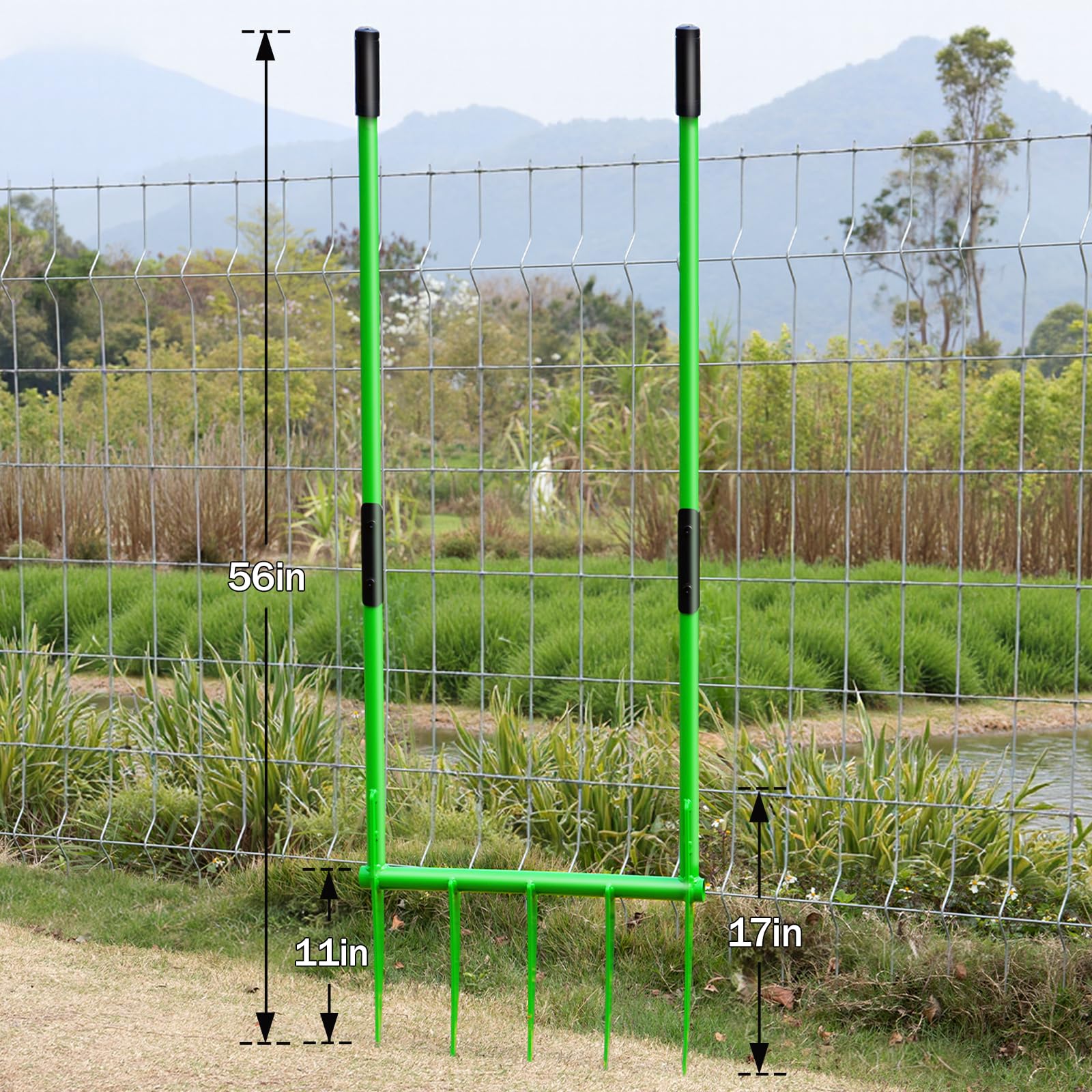 56'' Heavy Duty Broadfork for All the Soils, Unbreakable Pitchfork, 5 Sharp Cambered 11'' Tines Bord Fork Garden Tool, Ergonomic Handles, Good Package, Easy Assembly, Cultivator & Tiller-Green.